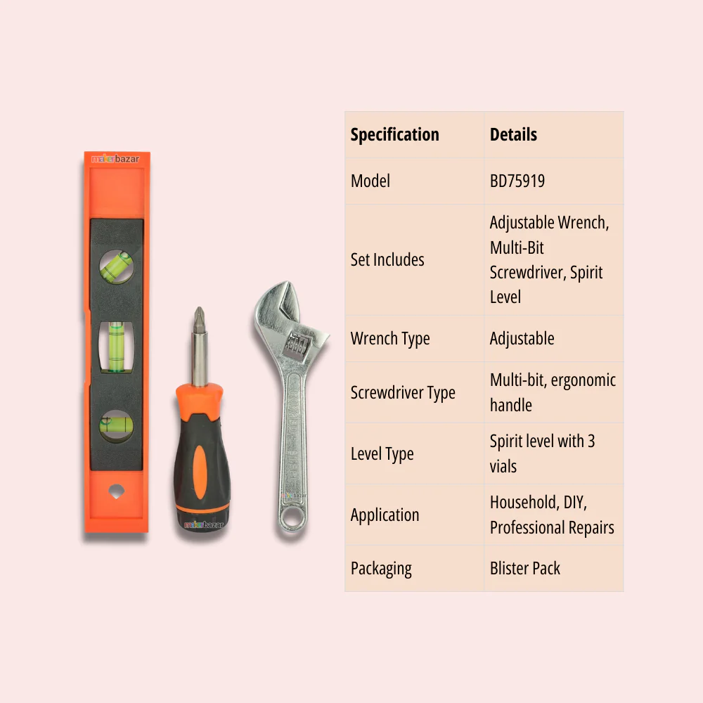 Black+Decker BD75919 3-Piece Hand Tool Set – Adjustable Wrench, Screwdriver & Spirit Level - Image 2