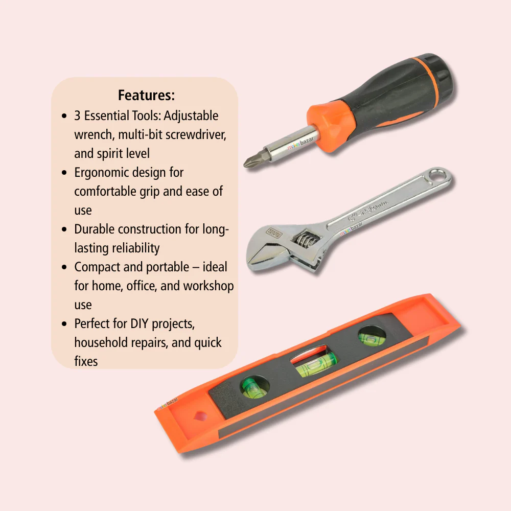 Black+Decker BD75919 3-Piece Hand Tool Set – Adjustable Wrench, Screwdriver & Spirit Level - Image 3