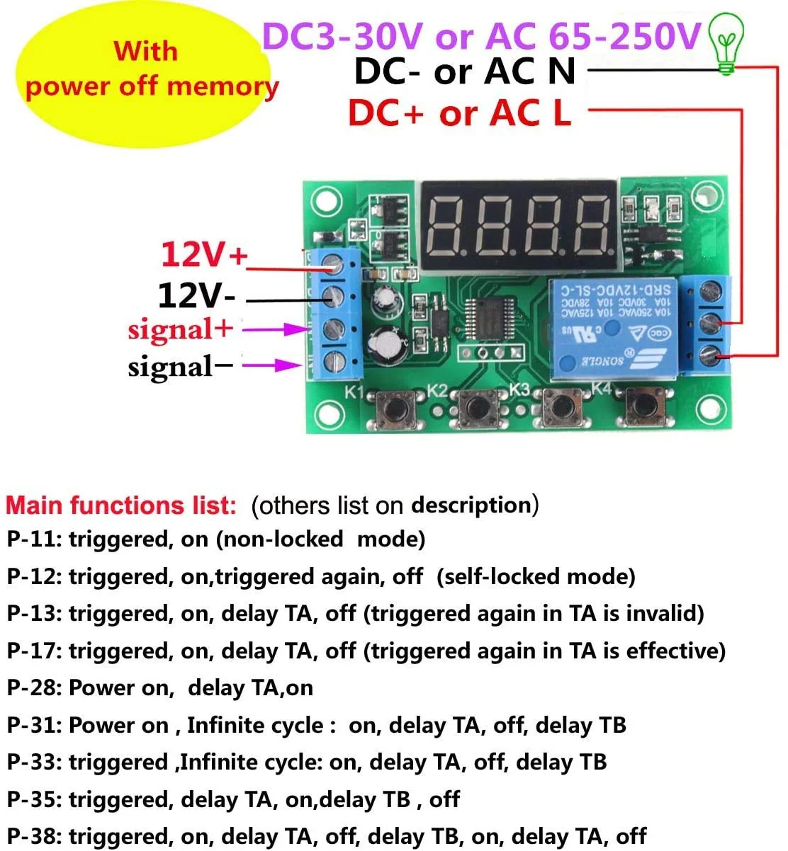 DC 12V 5A YYC-2S Adjustable 4 Digit LED Delay Relay Module Timer Control Switch Board (Green) - Image 5
