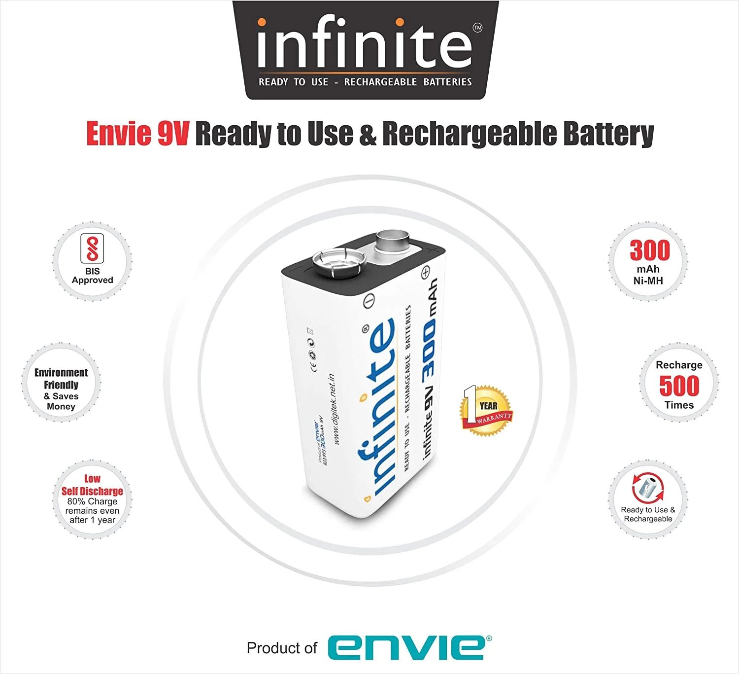 Envie: Infinite R22/PP3 9volt 300mAh Rechargeable Ni-MH Battery - Image 6