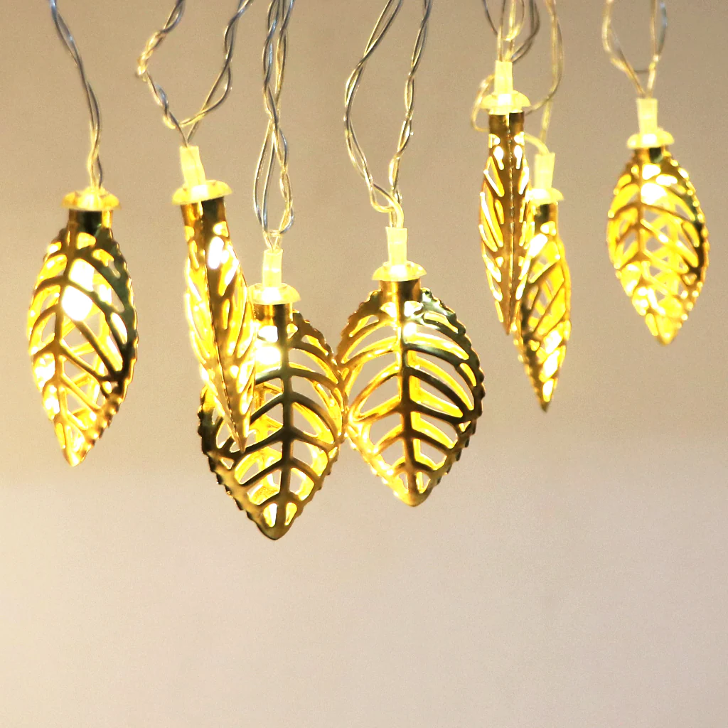 Metal Leaf Shape 14 LED Golden String Lights - Image 2