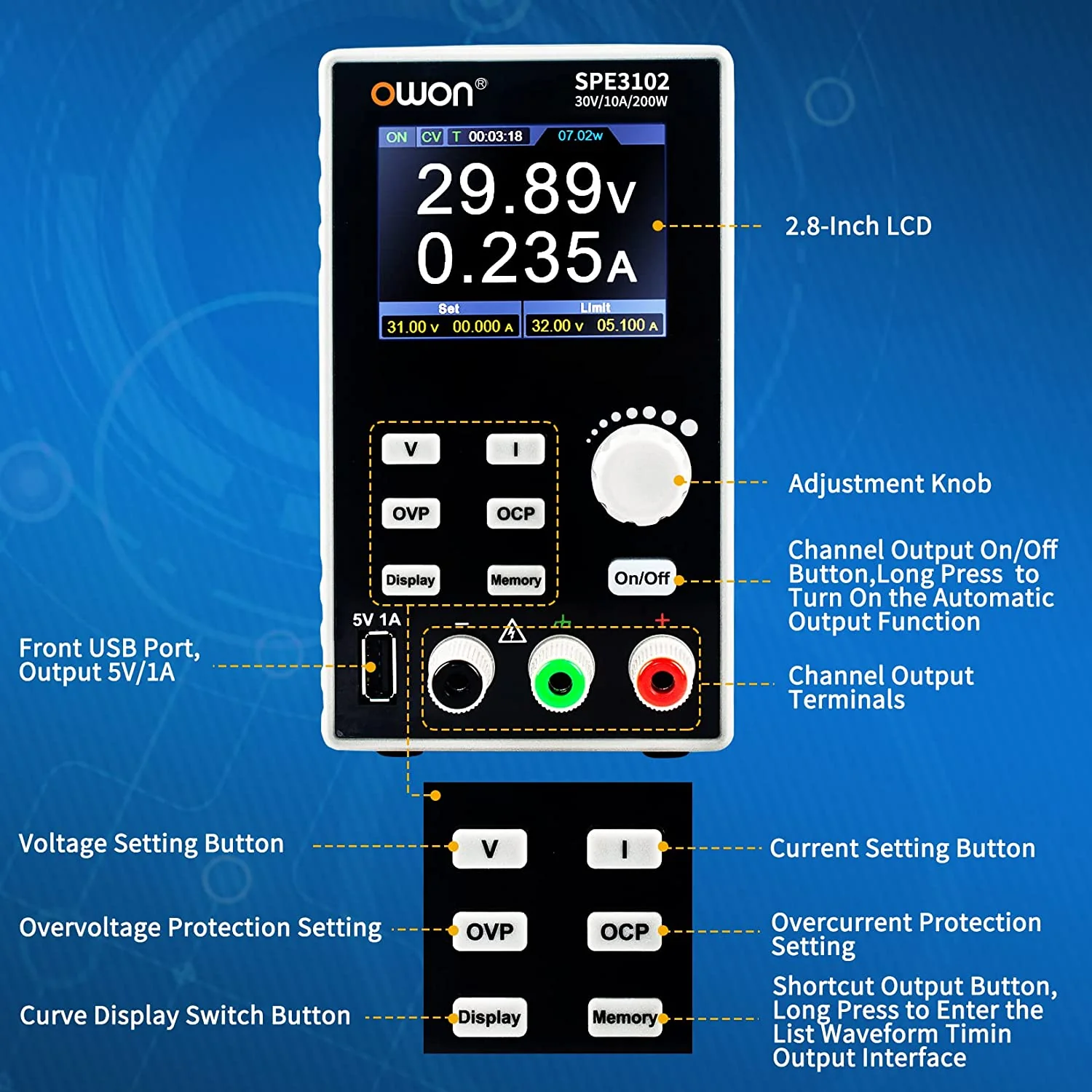 OWON SPE3102 DC Power Supply Variable, 30V 10A - Image 3