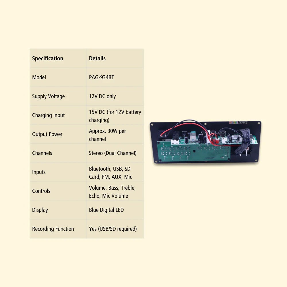 PAG-934BT 12V Big Trolley Amplifier Board with Bluetooth & Karaoke - Image 3