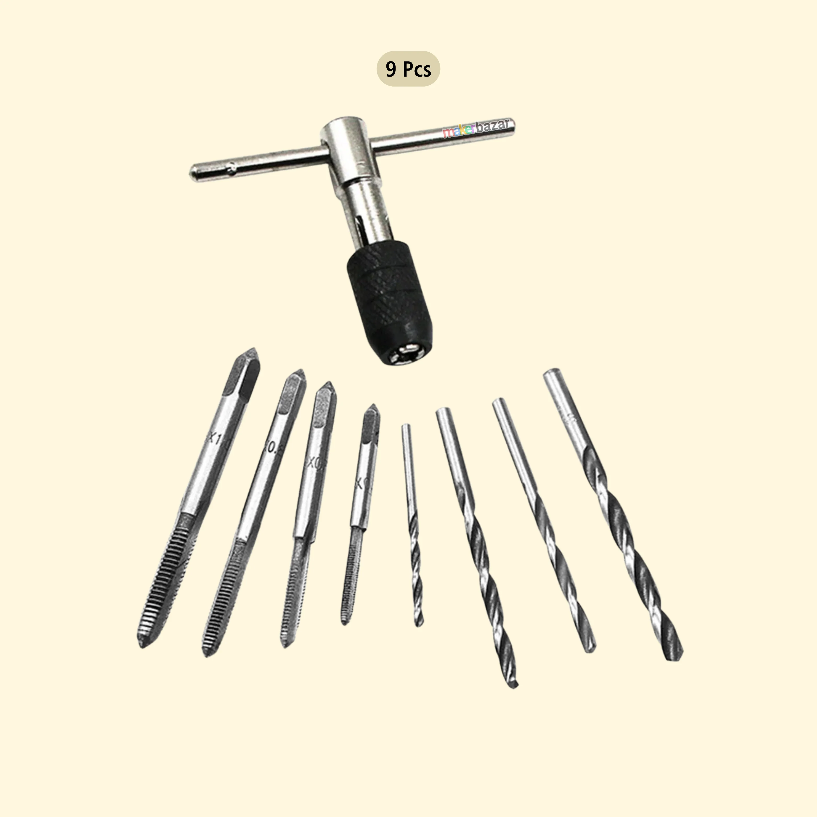 T-Shape Handle Wrench/Reamer Kit With Thread Taps and Drill Bits for M3-M6 Sizes - Image 2