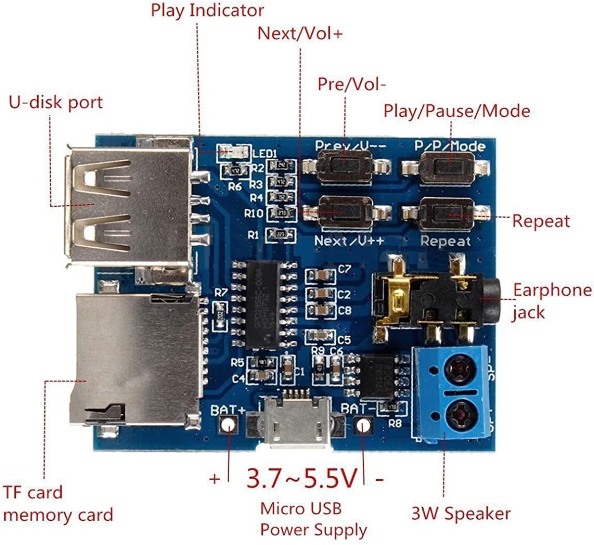 TF Card U Disk MP3 Format Decoder Board Module/Audio Player - Image 4