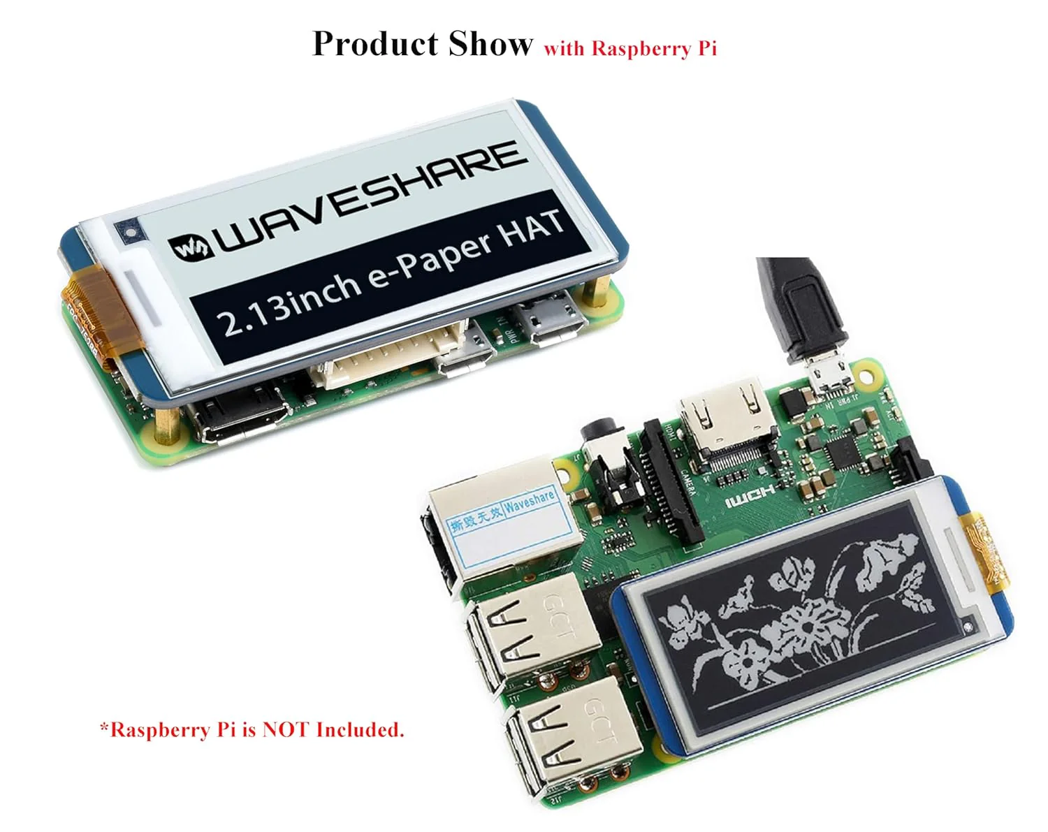 Waveshare: 12915 250x122 2.13inch E-Ink Display HAT for Raspberry Pi B&W - Image 8