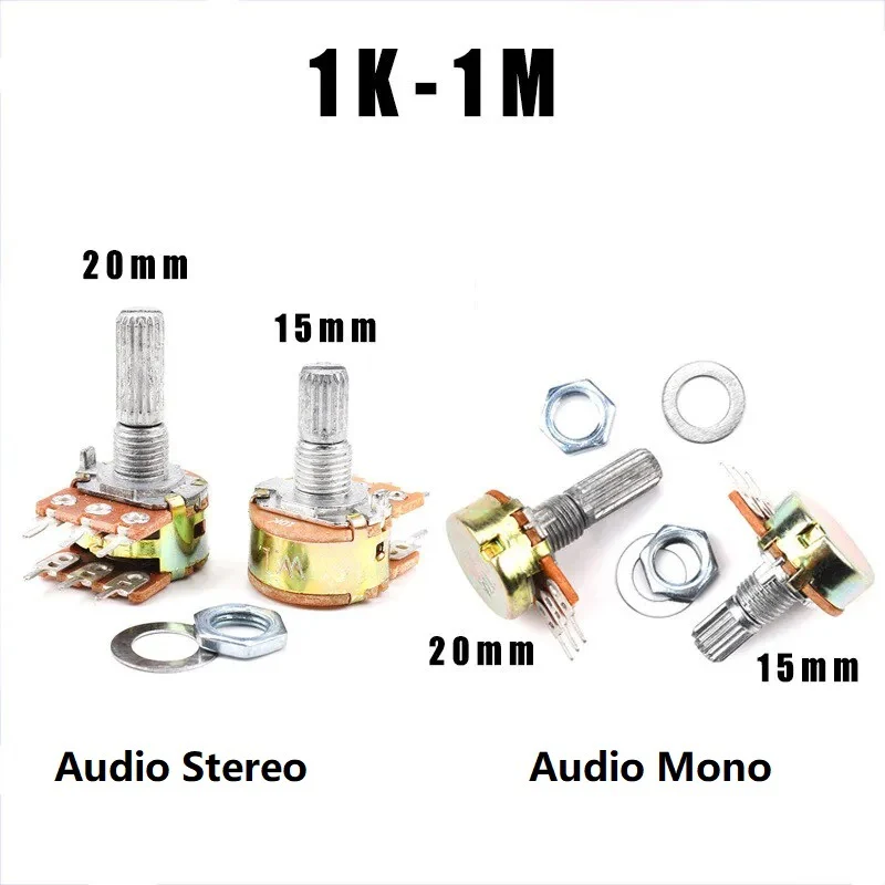 WH148 3pin 15mm Rotary Shaft Potentiometer, Audio Logarithm (A) Taper Pots - Image 4